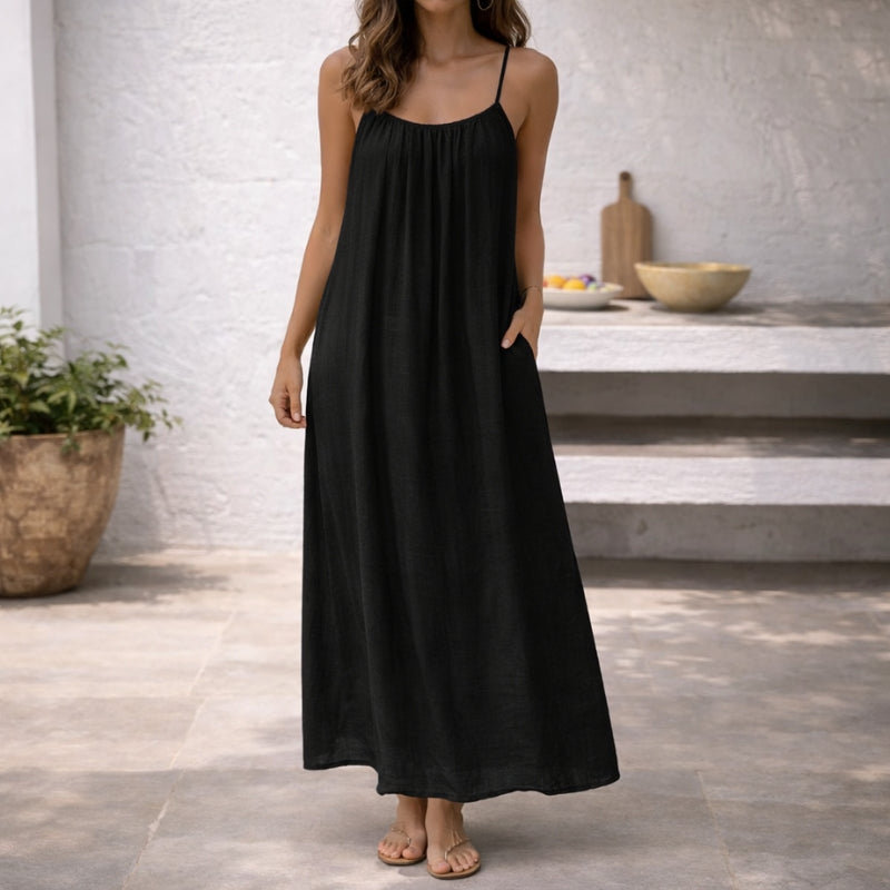 Women's linen maxi sundress spaghetti strap flowy silhouette with gathered neckline and side pockets
