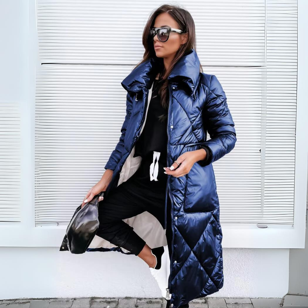 Elegant women's winter coat in classic cut with refined feminine silhouette and luxurious insulation