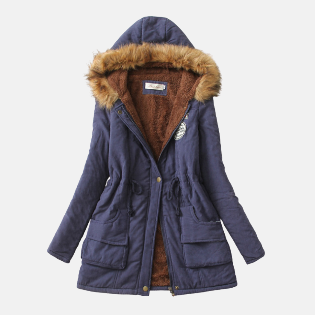Women's tailored fit parka jacket with fleece lining and faux fur hood zip closure