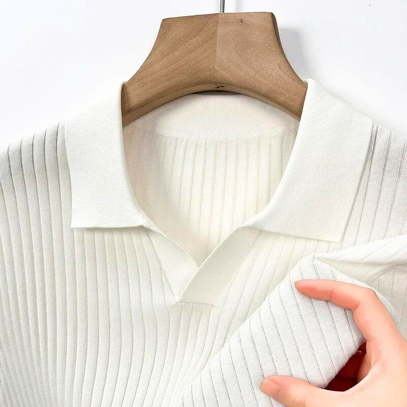 Marvo classic fit ribbed knit polo shirt in neutral tone with timeless collar design