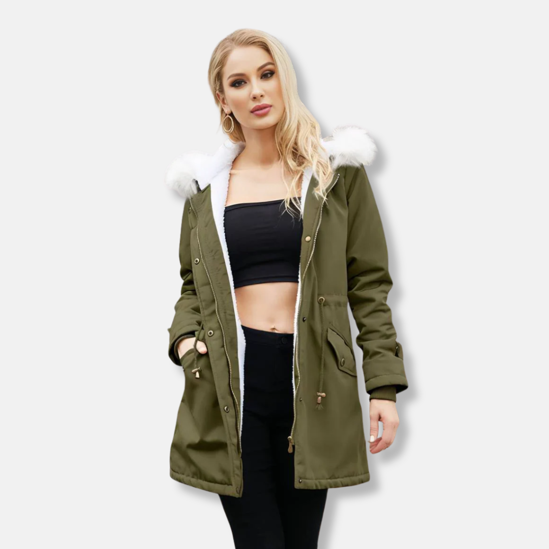 Women's mid-thigh parka jacket with detachable faux fur trim, smooth woven exterior, relaxed chic silhouette