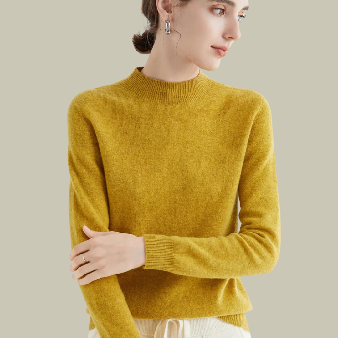 Ivory slim fit merino wool high neck sweater with ribbed collar, lightweight warmth for women