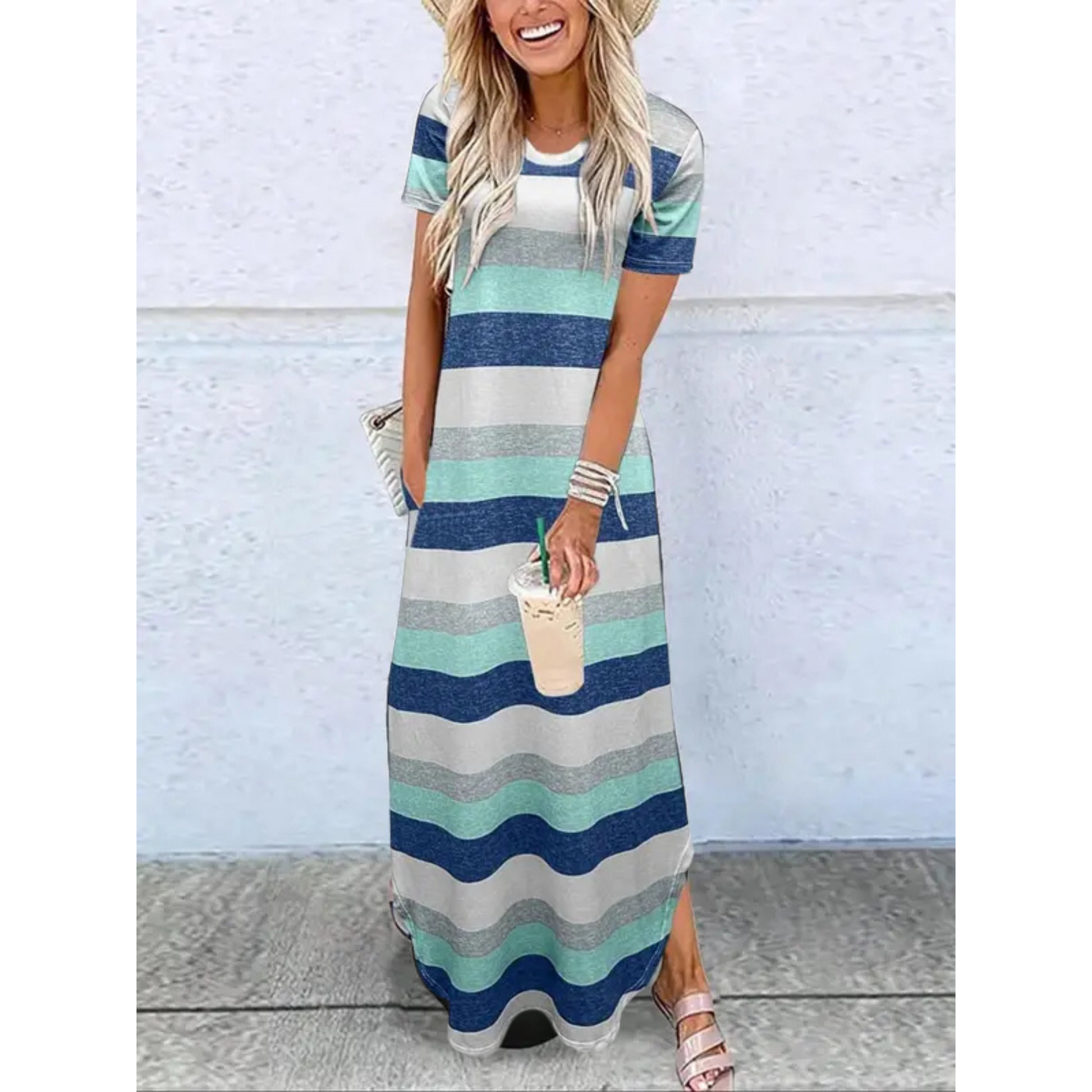 Casual summer maxi dress with round neckline, relaxed fit, lightweight breezy fabric for warm days