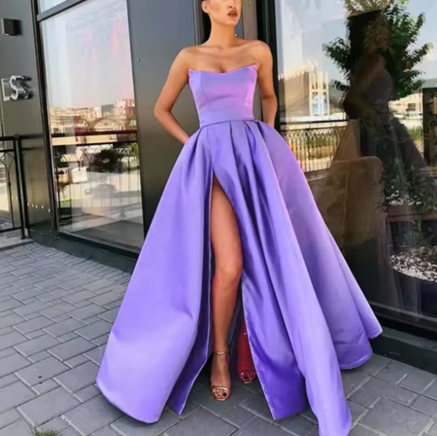 Black strapless A-line evening gown floor-length with high slit elegant formal dress
