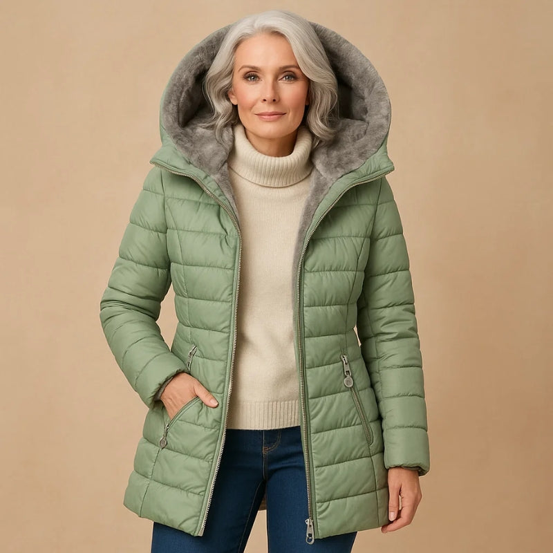 Nuvra oversized winter jacket with plush-lined hood in sculpted cold-shield shell