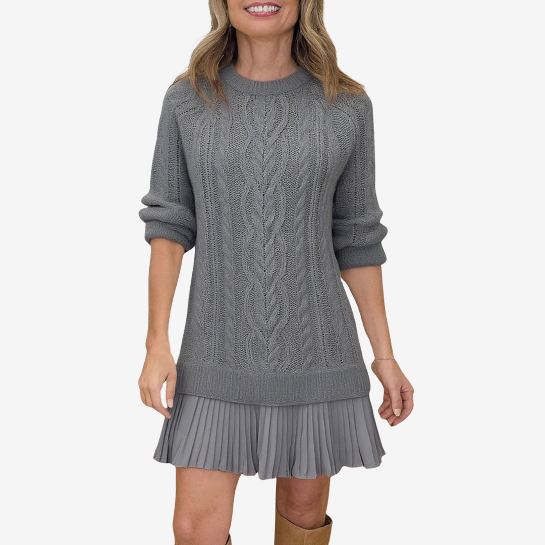 Cozy knit sweater dress with flattering silhouette and distinctive modern design details