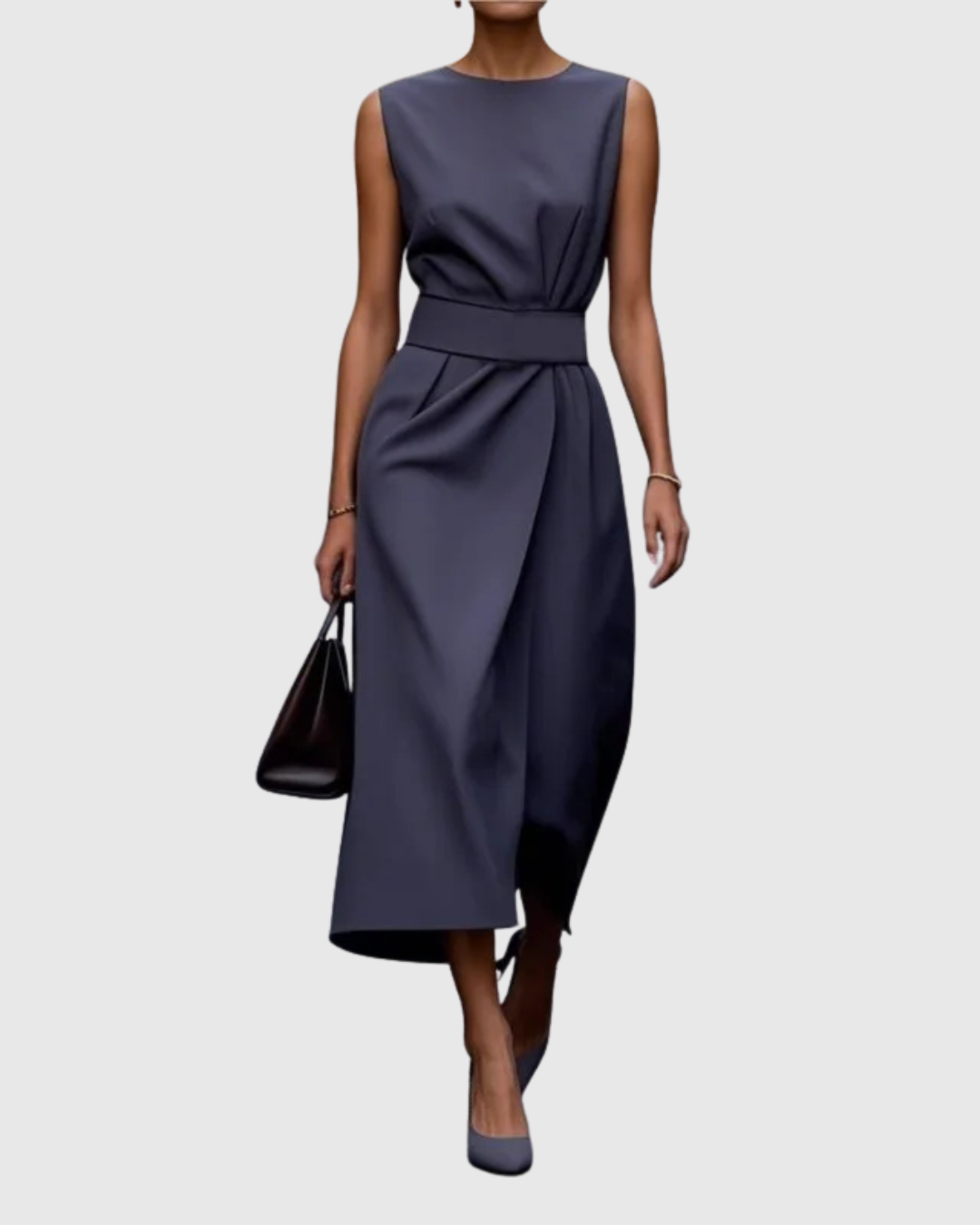 Rust sleeveless midi dress with round neck and distinctive twist knot waist detail, modern elegant cut
