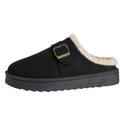 Women's beige fleece slip-on platform clog slippers with gold buckle accent detail