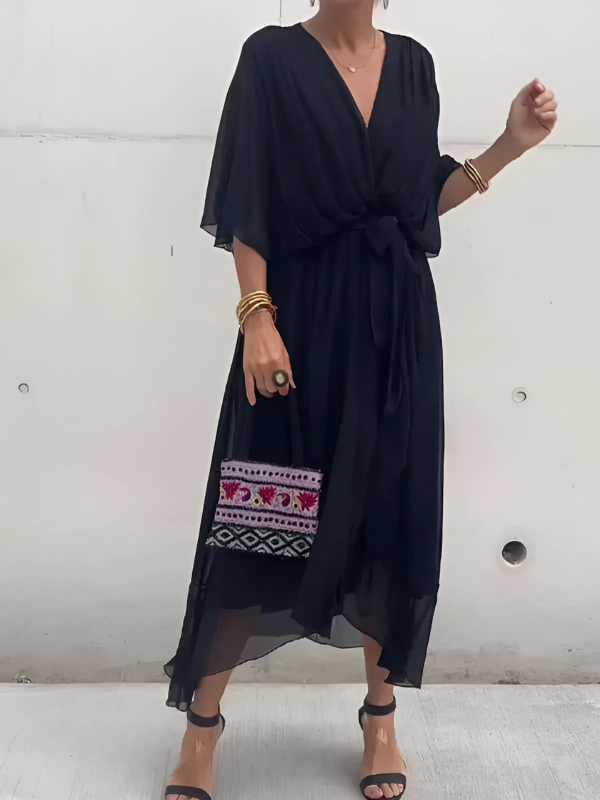 Lori™ timeless wrap midi dress in elegant silhouette with flattering adjustable tie waist