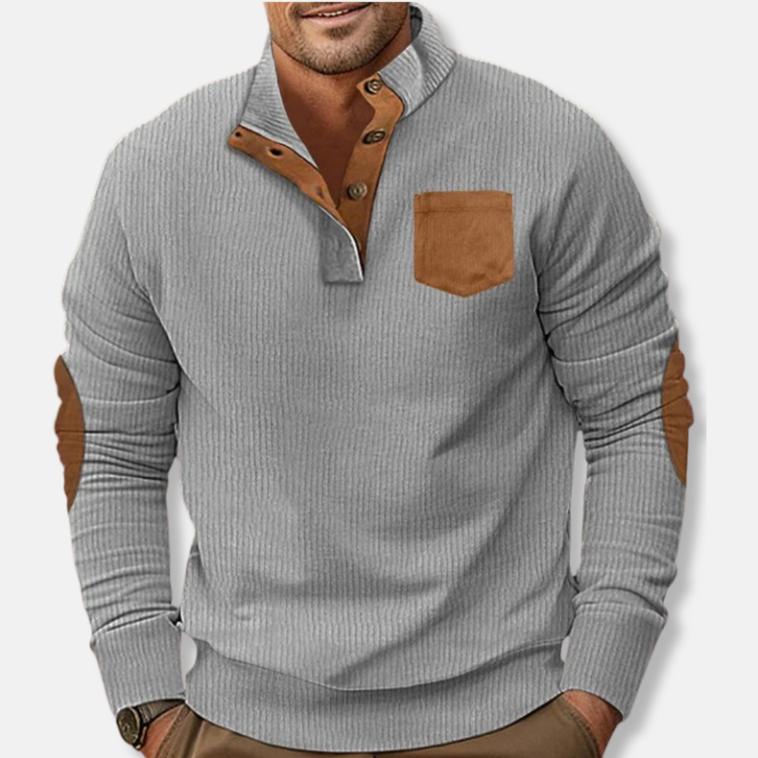 Men's ribbed knit sweatshirt stand collar contrast elbow patches casual pullover