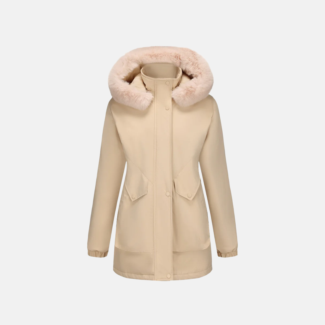 Women's mid-length parka jacket with faux fur hood, adjustable waist, and snap closure