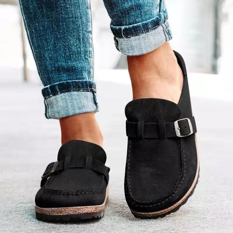 Taupe suede comfort slip-on shoes with molded platform sole and adjustable buckle strap