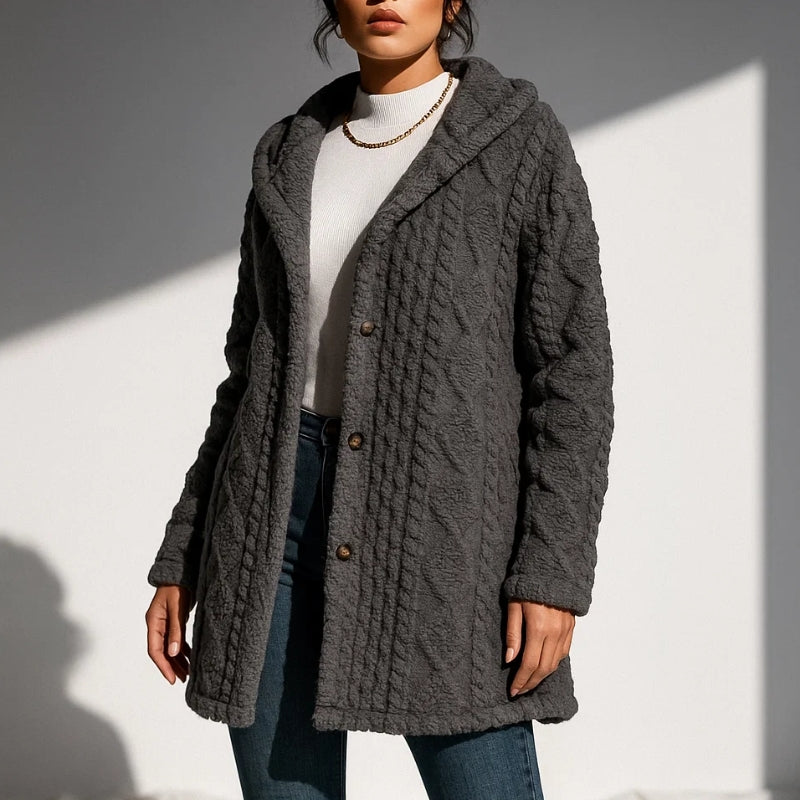 Via Nova jacquard plush coat with hood and button front closure, relaxed fit layering piece