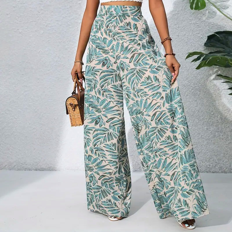 Tropical print high-waist cotton trousers with roomy side pockets in relaxed breathable fit