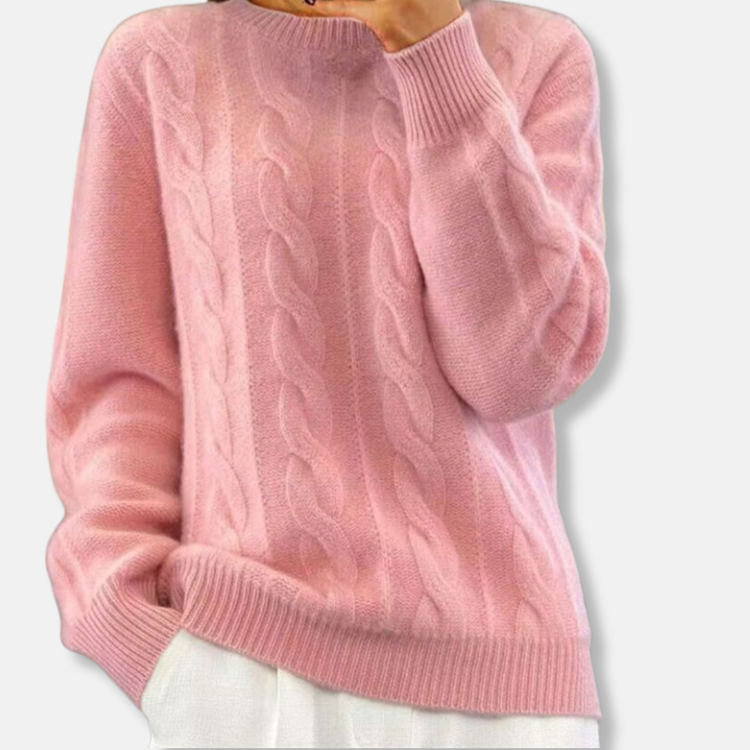Women's cream cable knit crewneck sweater relaxed fit long sleeve wool cashmere blend