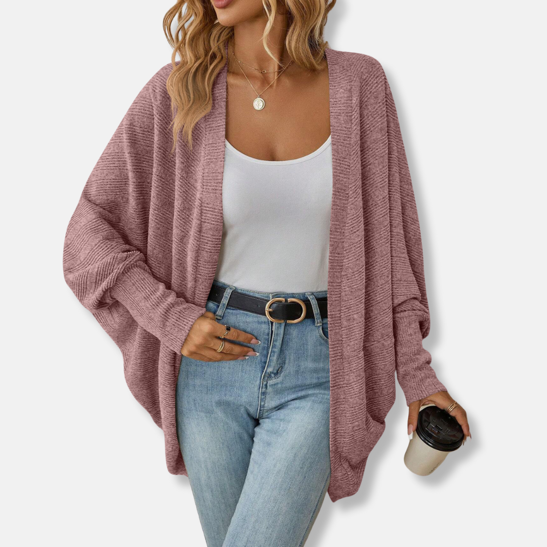 Women's ribbed knit open-front cardigan loose fit batwing sleeves elegant layering essential