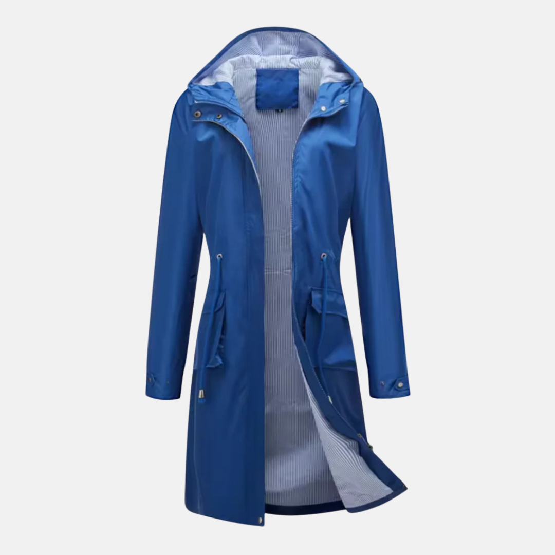 Women's long hooded rain jacket water-resistant zip front adjustable waist all-weather style