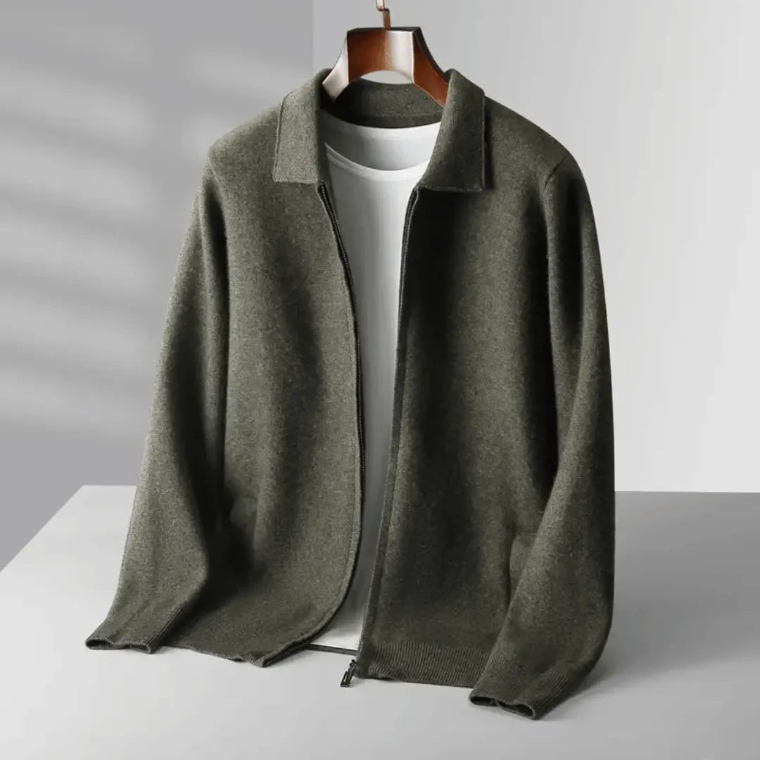 Men's wool blend zip-front cardigan in relaxed fit with collared neckline and long sleeves