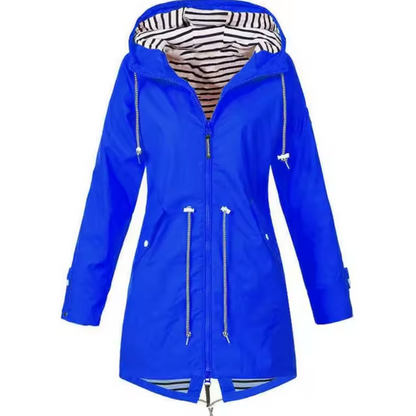 Women's waterproof hooded rain jacket adjustable waist long silhouette stylish everyday outdoor coat