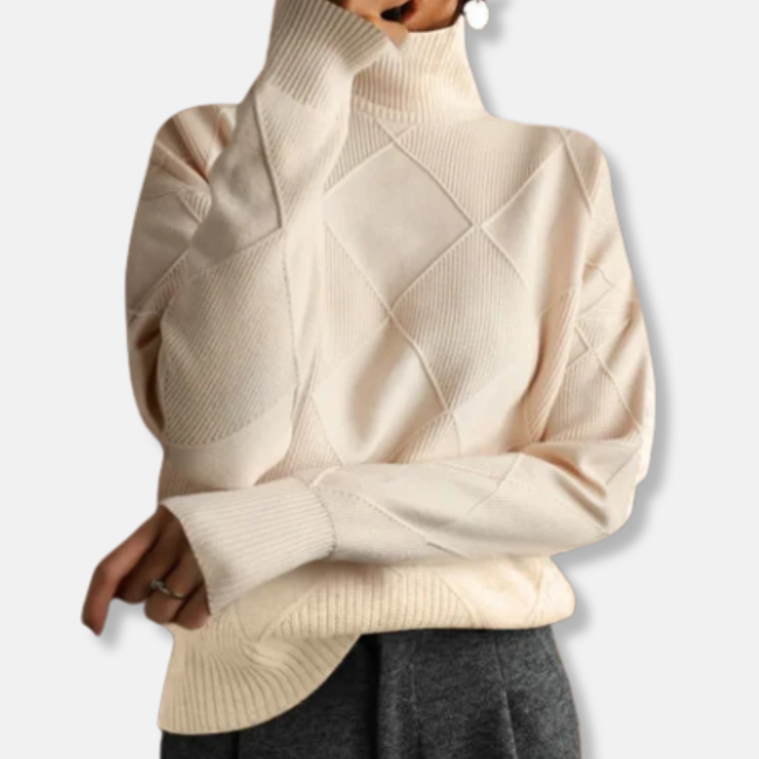 Women's beige relaxed fit turtleneck sweater with ribbed diamond knit texture and hip-length cut