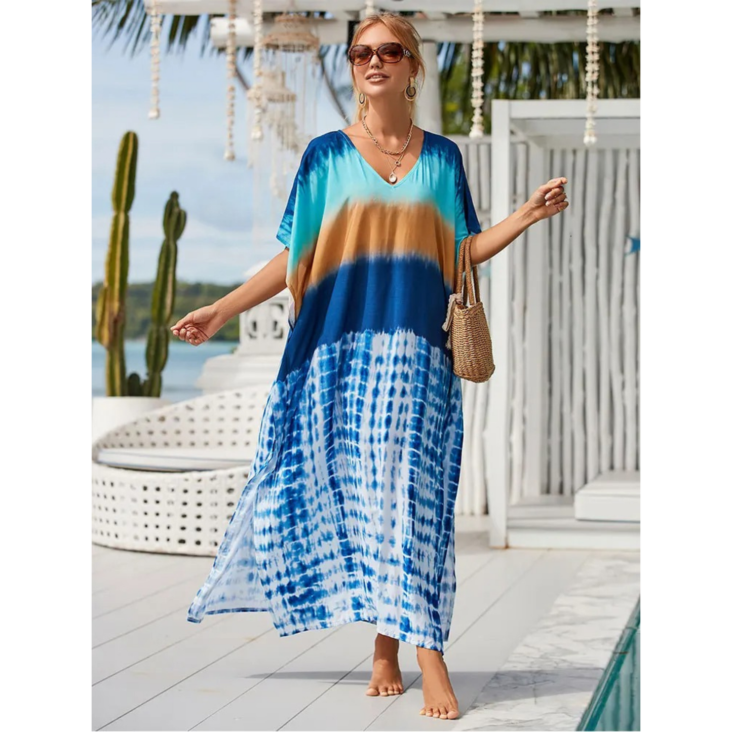 Women's loose-fit V-neck kaftan beachwear cover-up, light airy bohemian style for beach days