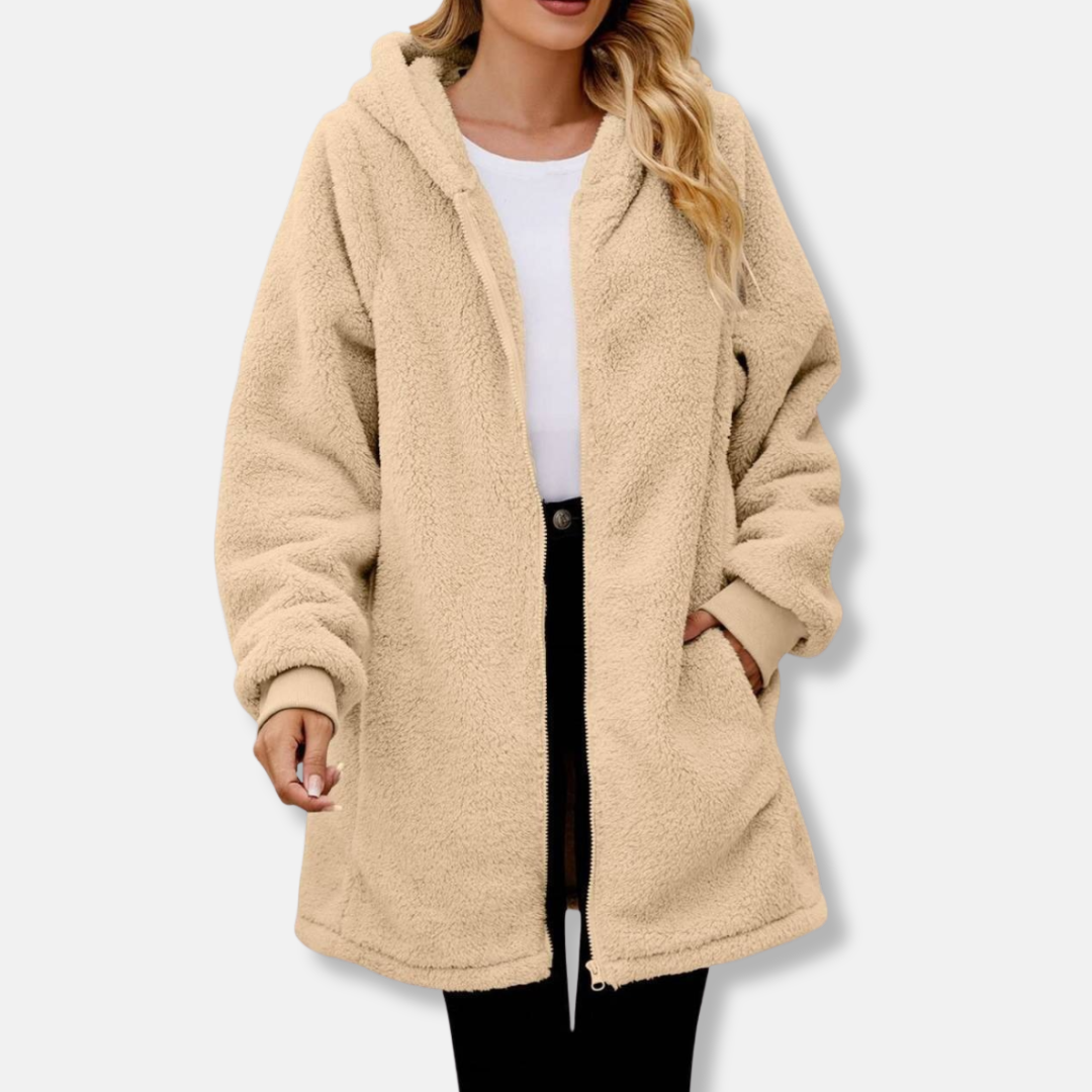 Women's plush oversized hooded zip-up jacket with front pockets for cozy fall winter warmth