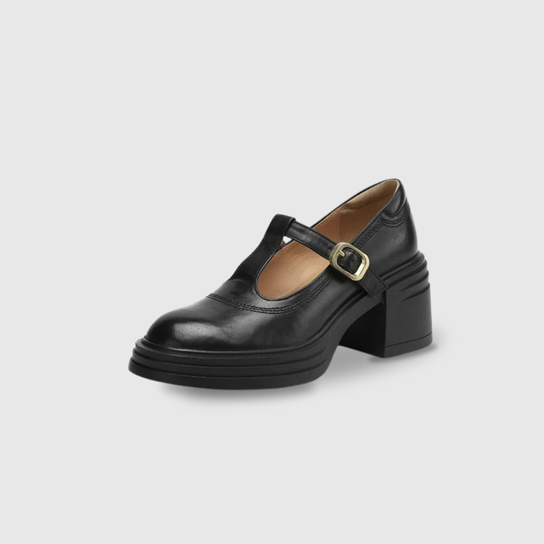 Women's chunky block heel Mary Jane pumps in classic round toe style with gold T-strap buckle