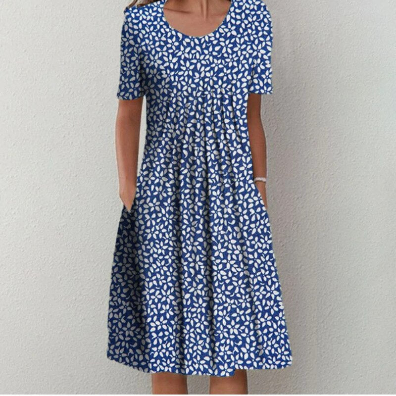 Casual floral dress with flattering silhouette and practical side pockets for effortless feminine style
