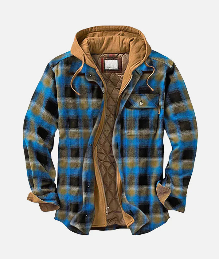 Men's plaid flannel shirt jacket with hood, quilted-lined warm winter outerwear in classic tartan