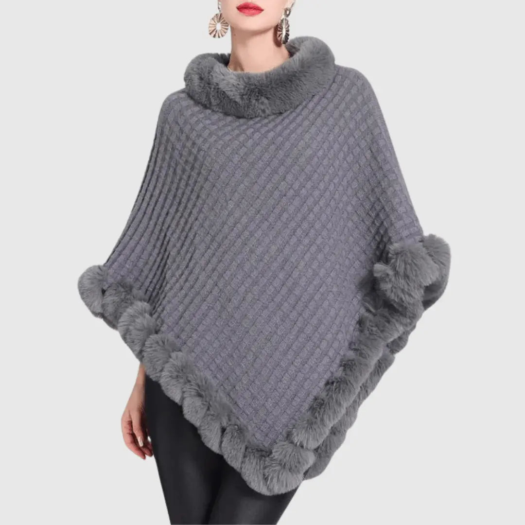 Becca soft weave poncho with fur-like trim, luxurious knit wrap in cozy oversized silhouette