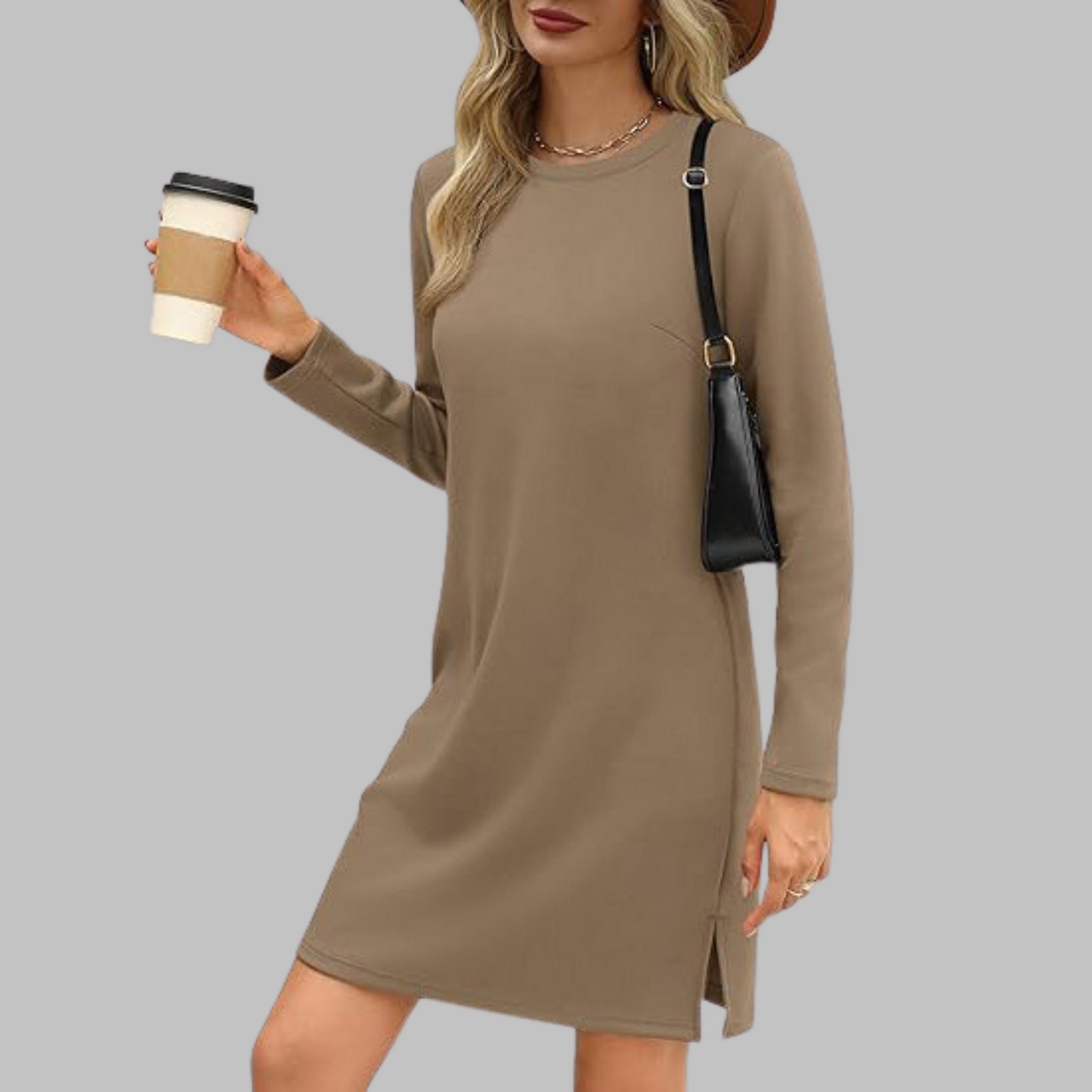 Alayah slim fit long sleeve round neck dress with tummy coverage in versatile everyday style