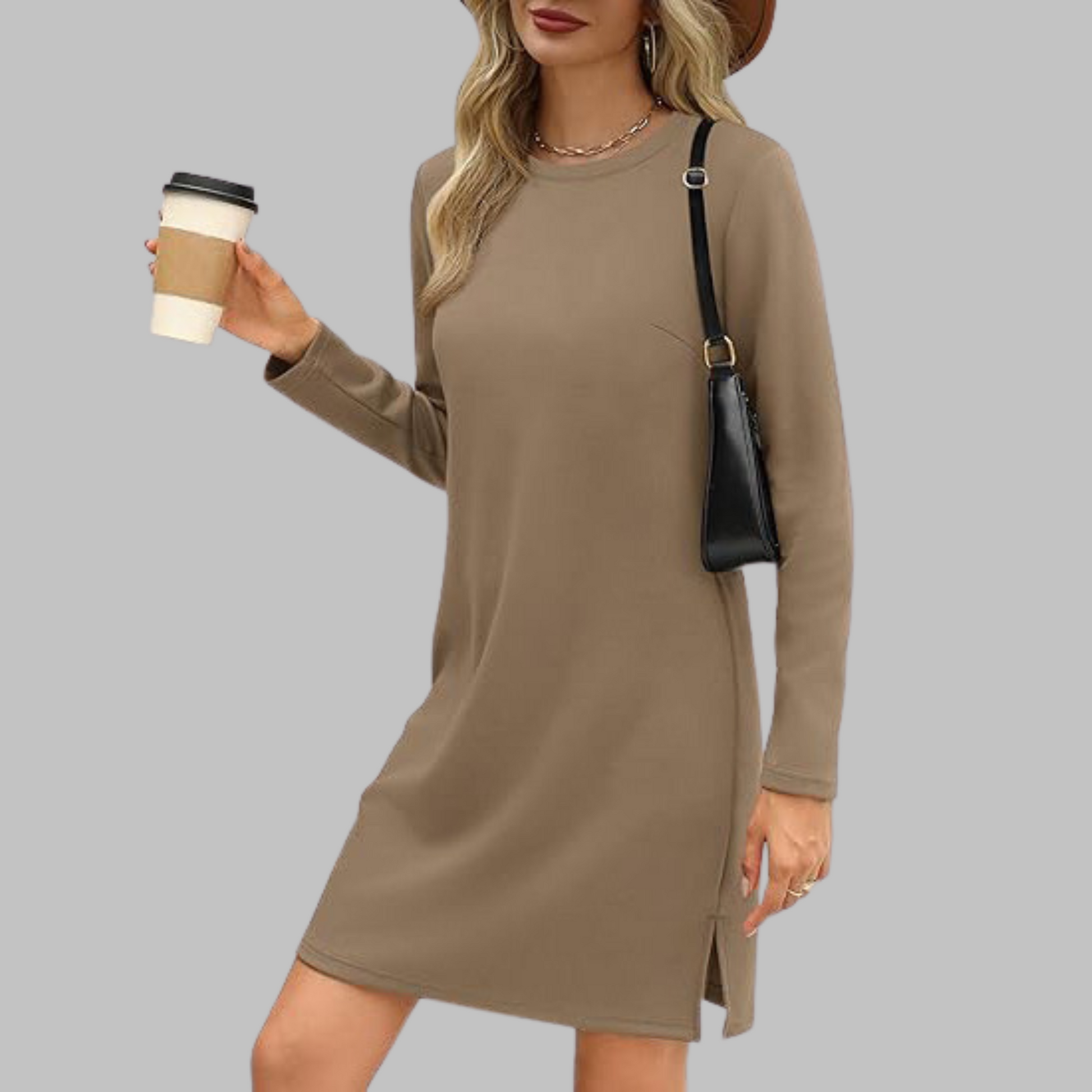 Alayah slim fit long sleeve round neck dress with tummy coverage in versatile everyday style