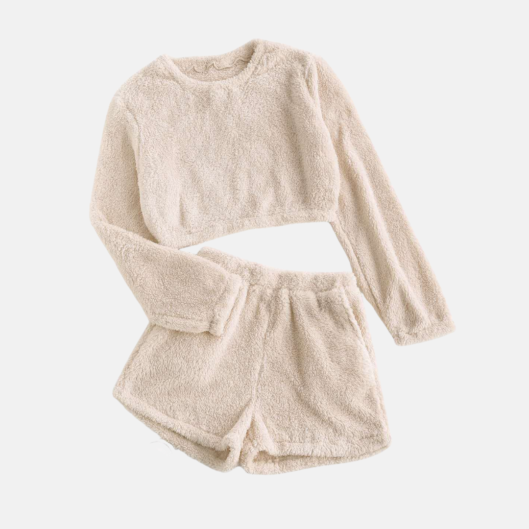 Women's textured plush loungewear set cropped long-sleeve top high-waisted shorts cozy two-piece