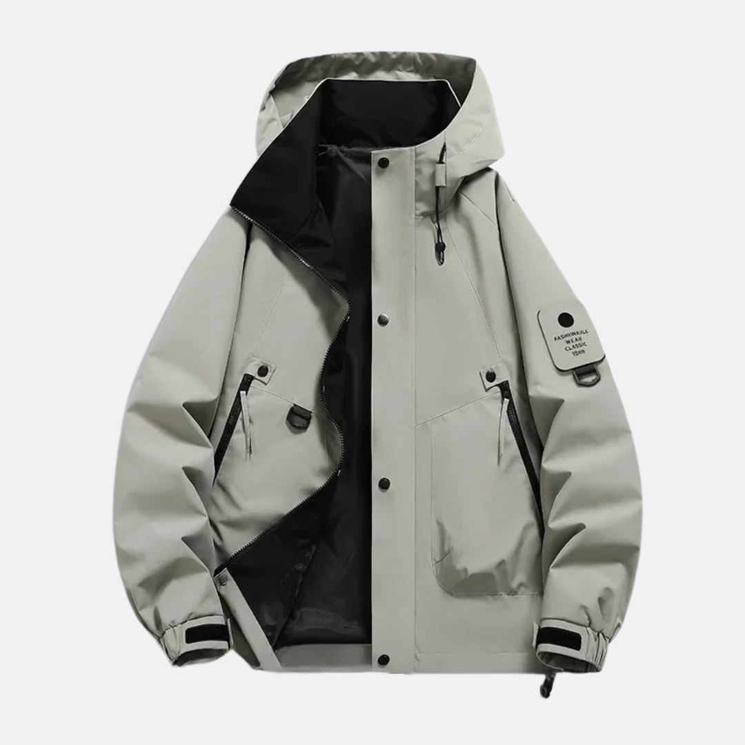 Men's rugged utility jacket water-resistant shell adjustable hood multiple pockets everyday explorer style