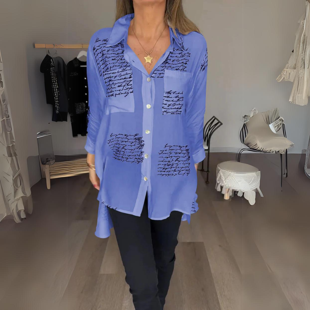 White relaxed button-up shirt with unique handwritten script print and classic tailoring