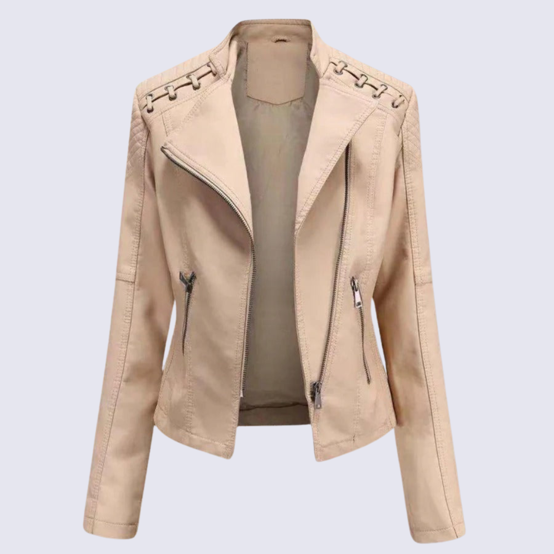 Women's black faux leather biker jacket with sleek PU finish and chic edge-cut silhouette