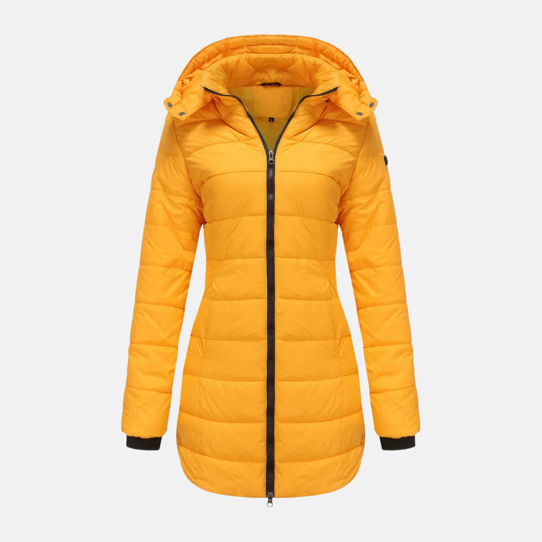 Women's mid-length quilted puffer jacket with detachable hood and ribbed cuffs for cozy warmth
