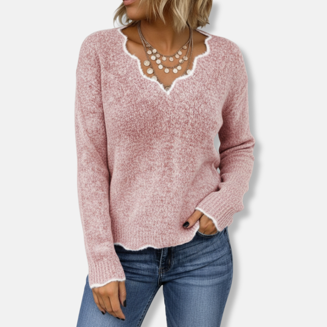 Women's relaxed fit wool knit pullover sweater with scalloped neckline for soft casual style