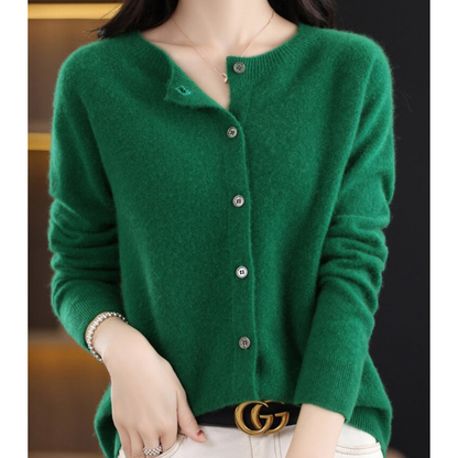 Women's ivory merino wool button-front sweater, lightweight long-sleeve knit with polished silhouette
