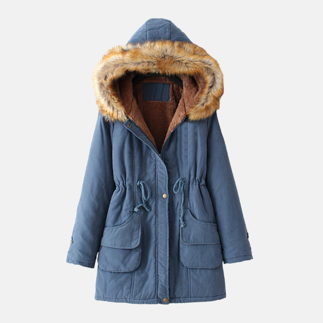 Women's slim fit winter parka coat with sherpa lining, faux fur hood, and drawstring waist