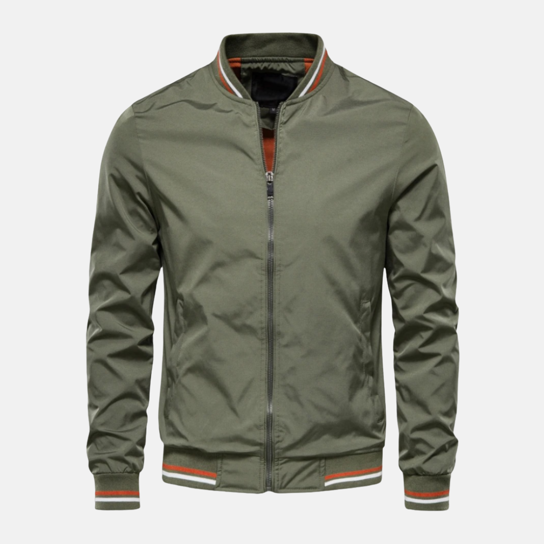 Men's lightweight PU leather bomber jacket relaxed fit zip closure striped ribbed edges