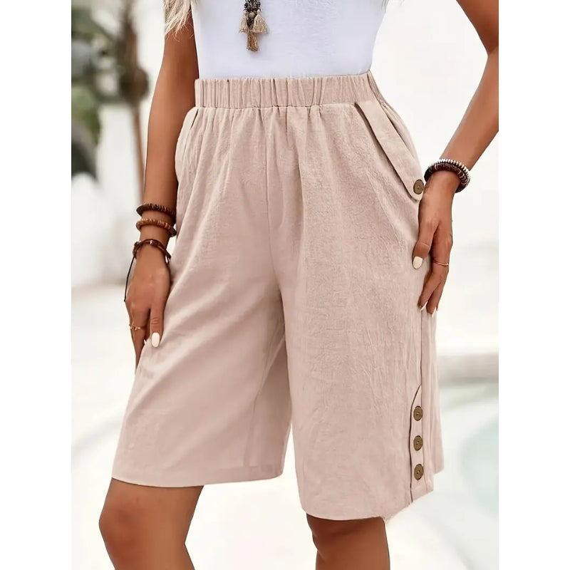 Zaya relaxed-fit beige cotton-linen shorts with side pockets, lightweight breathable summer style