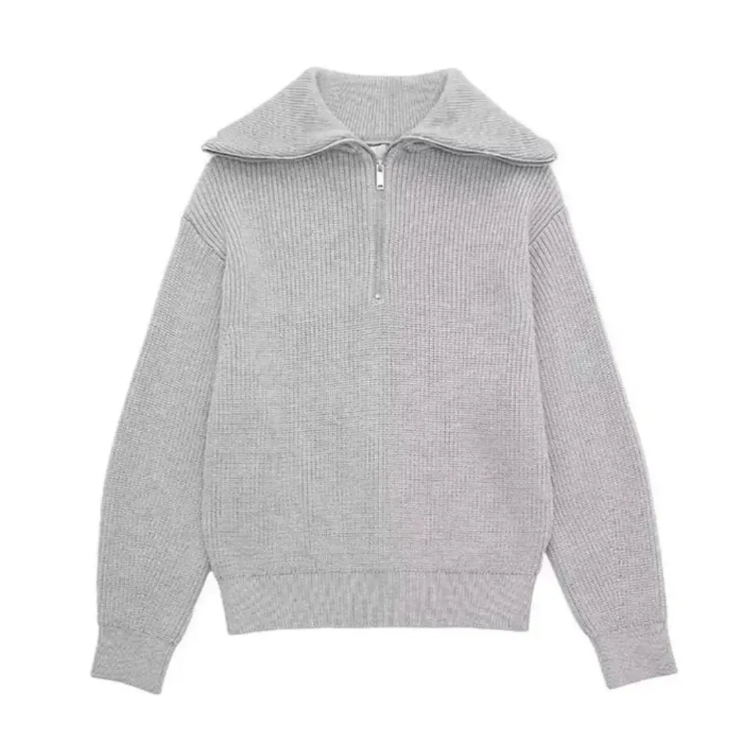 Nordic zip-up striped sweater in classic nautical colors with relaxed fit and half-zip collar