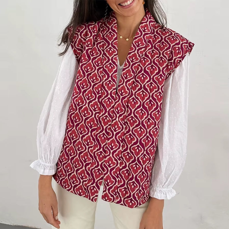 Pladelle plaid floral sleeveless vest coat open-front lightweight layering piece with hand-stitched detail