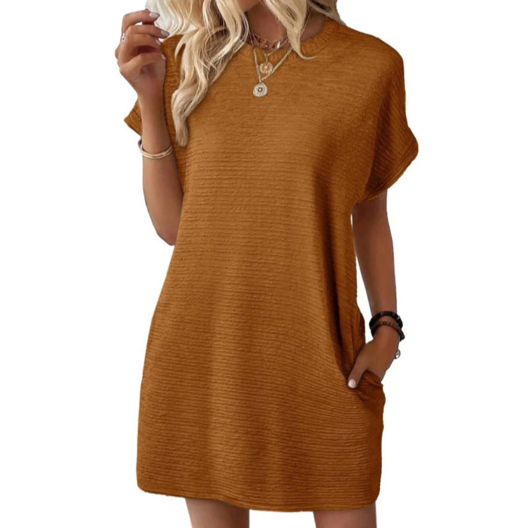 Hot pink ribbed crew neck T-shirt mini dress with relaxed silhouette and subtle texture