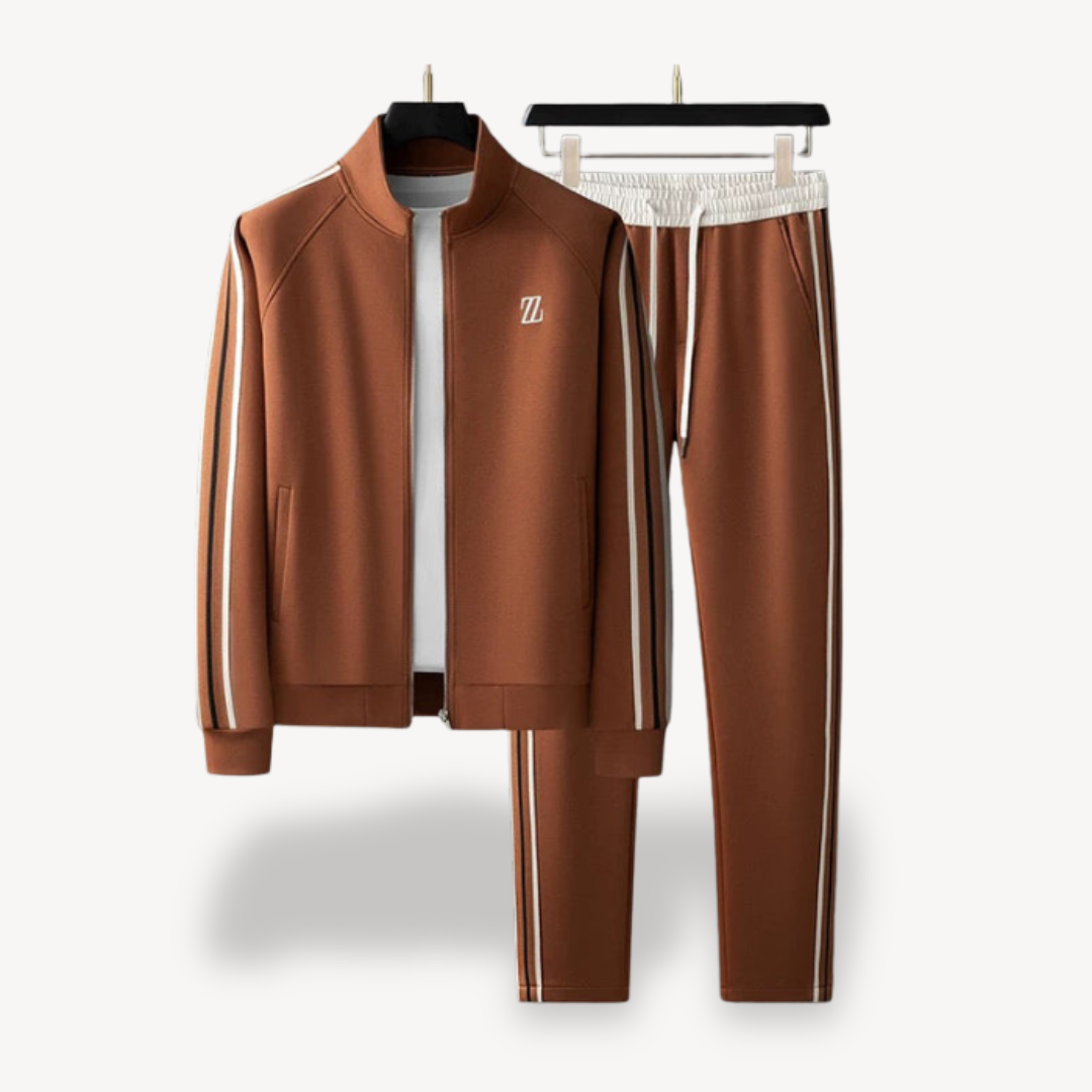 Men's slim fit gray training set zip jacket and drawstring pants in breathable stretch fabric