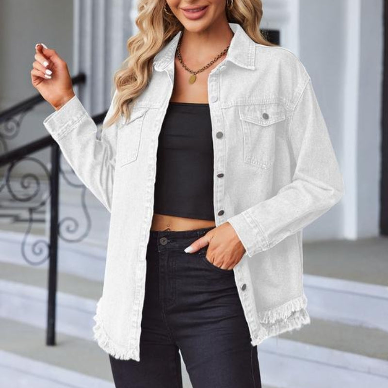 Branu oversized denim jacket with raw fringe hem and snap-front closure in soft blue denim