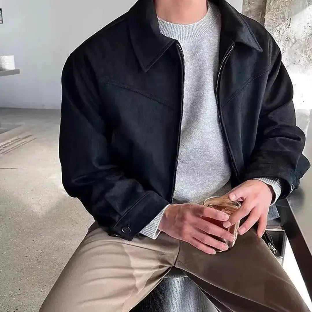 Men's luxury suede streetwear jacket classic lapel modern loose fit spring transitional style