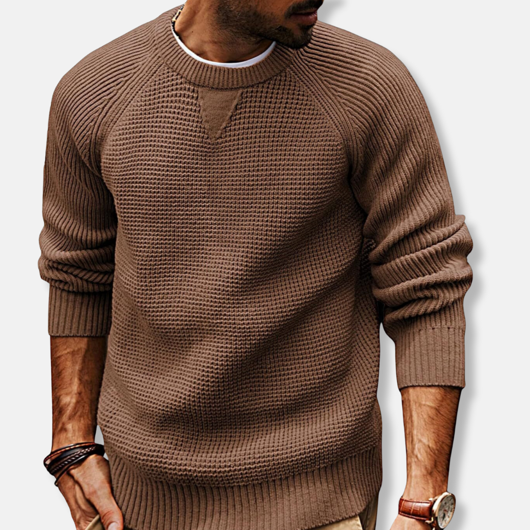Men's gray knit texture crew neck sweatshirt with long raglan sleeves, relaxed fit for casual fall