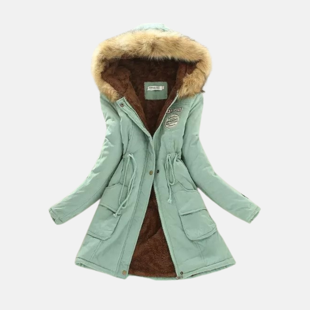Women's winter parka coat with sherpa lining, faux fur hood, drawstring waist in versatile cold-weather style